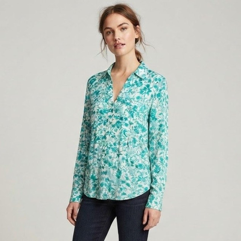 Maeve Anthropologie Floral Shirt Small Blouse Teal White Tropical‎ Office Work